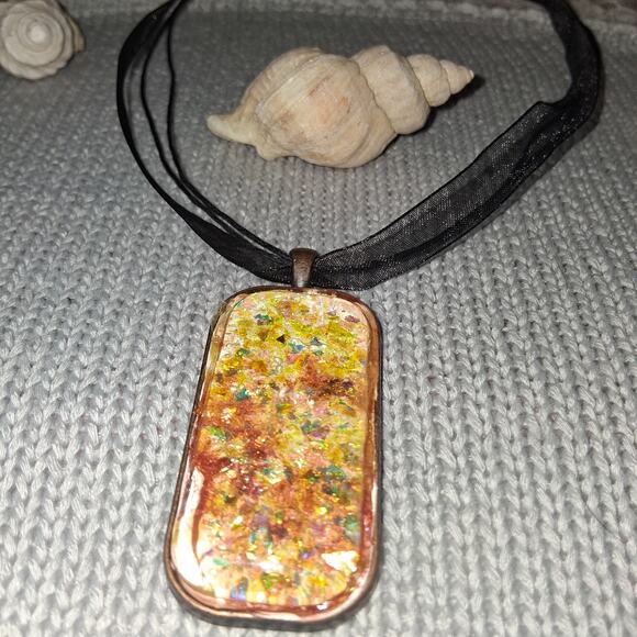 Handmade Resin Reflective Pendant Necklace On Black Ribbon Silver Tone Chain - Picture 1 of 5